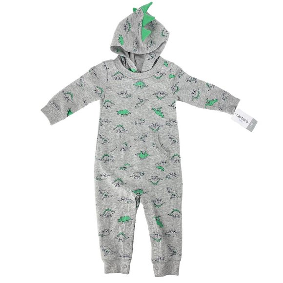 CARTER'S Grey Green Dinosaur Hood Crewneck Kangaroo Pocket Snap Button One Piece - Picture 1 of 13
